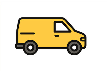 Yellow van icon for delivery service and logistics. Commercial vehicle for shipping and transport. Flat vector illustration for web, apps, and graphic design. Cargo truck symbol.