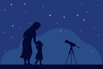 silhouette of a girl with a telescope