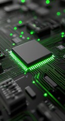 Obraz premium Close-up of a dark gray microprocessor centrally positioned on a circuit board with glowing green traces and connectors. The image emphasizes technological detail and intricate design