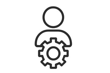 User settings icon. Person and gear pictogram for account management, profile configuration and admin access. Technical support, employee skills and development concept.