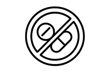 No drugs sign icon. Pills and capsule prohibited symbol. Stop medication, drug-free warning. Vector illustration for healthcare, pharmacy, anti-doping concepts. No medicine.