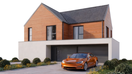 Modern brick house with a sleek orange sports car parked in the driveway and lush green landscaping isolated on transparent background