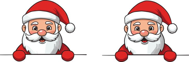 Cartoon Santa Claus leaning on blank sign, Christmas holiday illustration, festive character design, isolated vector art for seasonal greeting cards