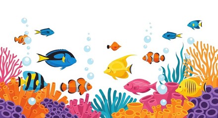 Fototapeta premium Colorful tropical fish and vibrant coral reefs create a lively underwater scene illustration, perfect for marine themes on a clean white background