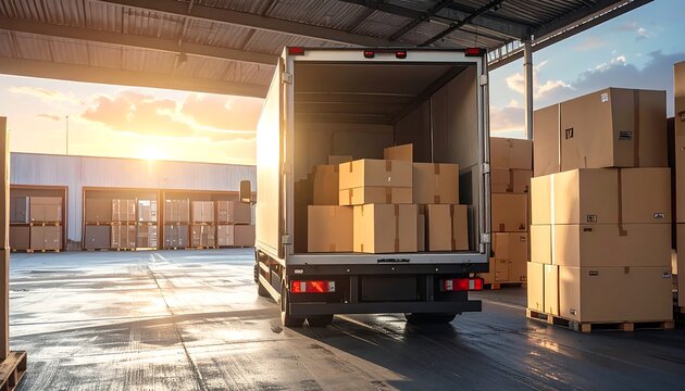 Cargo truck loaded with boxes in a warehouse
