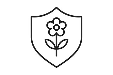 Flower shield icon for nature protection and environmental conservation. Natural security and eco safety symbol. Organic guarantee and gentle defense vector logo concept.