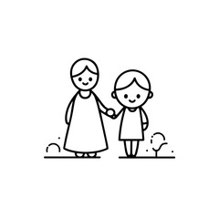 Black and White Vector Illustration of a Beautiful Mother Caring for Child in Minimalist Line Art Style