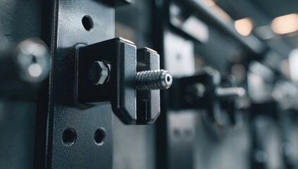 Close-up of a metallic adjustment mechanism, showing a threaded bolt secured within a black clamp mounted on a perforated metal surface.  Multiple similar mechanisms blur in the background