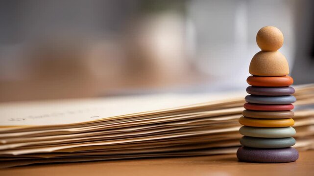 Colorful wooden stacker balance toy minimalist education learning concept for preschool toddler childhood play and development with rainbow rings