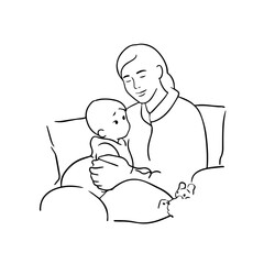 Black and White Vector Illustration of a Beautiful Mother Caring for Child in Minimalist Line Art Style