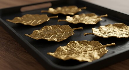 Collection of decorative golden leaf-shaped plates with detailed texture on a black tray.