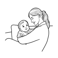 Black and White Vector Illustration of a Beautiful Mother Caring for Child in Minimalist Line Art Style
