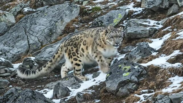 Snow leopard on rocky mountain landscape