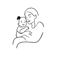 Black and White Vector Illustration of a Beautiful Mother Caring for Child in Minimalist Line Art Style