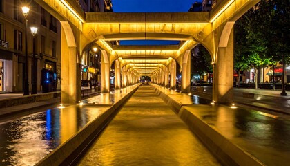 Fototapeta premium Beautifully lit urban water channel and arched walkway at twilight.