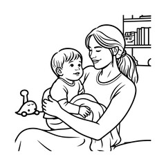 Black and White Vector Illustration of a Beautiful Mother Caring for Child in Minimalist Line Art Style