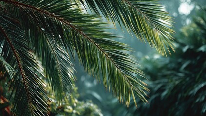Fototapeta premium Lush green palm fronds in soft focus, sunlight filtering through