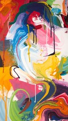 A vibrant abstract painting featuring dynamic, colorful paint strokes in various hues, blending and swirling together to create an energetic visual experience.