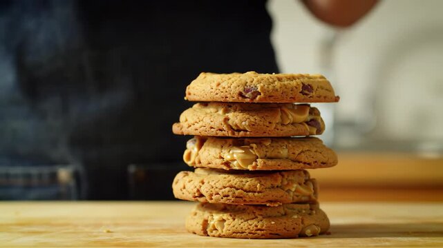 Hand takes a cookie from a stack of four delicious-looking caramel-filled cookies on a wooden board, perfect for baking, dessert, or food-related projects. Close up shot.