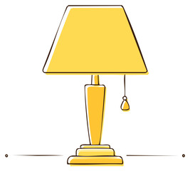 Modern yellow table lamp with black outline and pull switch vector art