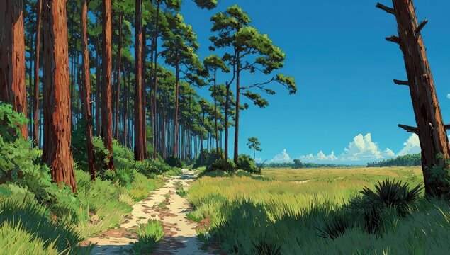 Sunlit path through tall pines leading to a grassy field under a vibrant blue sky