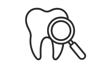 Dental checkup, tooth inspection with magnifying glass. Dentistry research concept. Oral health care, stomatology. Find caries, search for decay. Diagnosis of a dental problem.