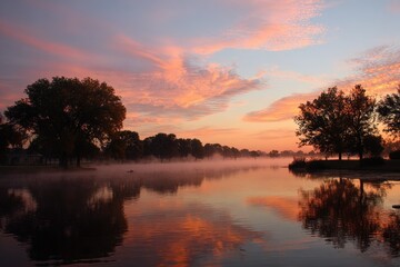 Serene sunrise over calm lake with mist, reflecting colorful sky and silhouetted trees