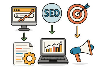 SEO marketing strategy infographic. Vector concept for digital business promotion, data analysis, and content optimization. Web analytics and keyword targeting for growth.