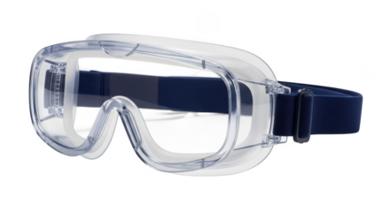 Clear safety goggles with dark blue strap isolated on transparent background