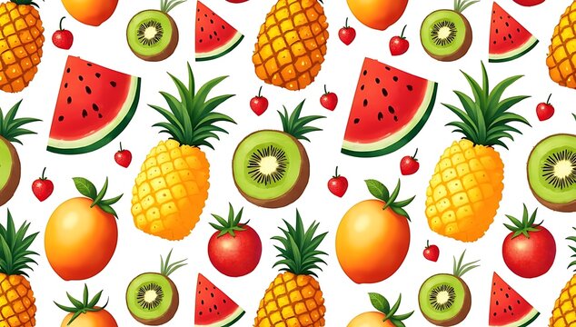 Seamless pattern with bright tropical fruits like pineapple, watermelon, kiwi, coconut, mango, hand-drawn and colorful, perfect for packaging and summer design projects.