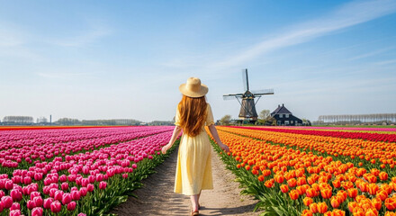 young woman in tulip field in holland