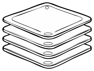 Stack of square tiles with rounded corners, black and white line art vector illustration in isometric view