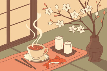 Elegant still life illustration featuring a delicate tea set with floral accents and subtle lighting