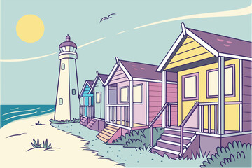 Whimsical and colorful digital illustration of a tropical beach scene with vibrant elements and playful design