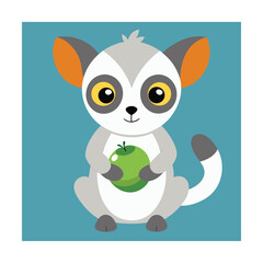 Fototapeta premium Cartoon lemur holding a green apple Keywords: lemur, animal, cute, cartoon, illustration, fruit