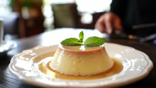 Close up view of a delicious caramel flan dessert on a white plate with a mint sprig garnish, perfect for showcasing desserts in restaurants or cafes