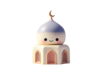 Cute mosque icon with soft design, featuring rounded dome and crescent moon on top. structure has charming details and friendly expression, perfect for playful aesthetic