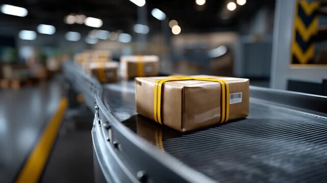 Warehouse package sorting process distribution center action scene industrial environment close-up view logistics efficiency
