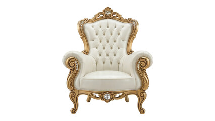 Elegant antique white tufted throne armchair with ornate gold carved wooden frame isolated on transparent background