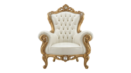 Elegant antique white tufted throne armchair with ornate gold carved wooden frame isolated on transparent background