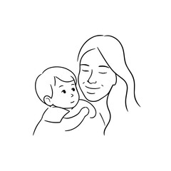 Black and White Vector Illustration of a Beautiful Mother Caring for Child in Minimalist Line Art Style