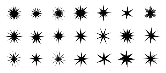 Collection of black vector star icons featuring simple shapes and various designs, perfect for graphic projects and creative uses. These stars add unique touch to any artwork