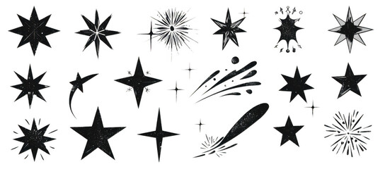 Collection of black vector star icons, featuring various designs including bursts, sparkles, and traditional star shapes, perfect for decorative purposes and graphic design