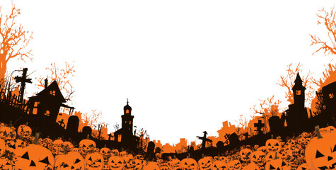 Spooky Halloween background featuring landscape filled with scary pumpkins, eerie trees, and haunted houses, creating chilling atmosphere perfect for season