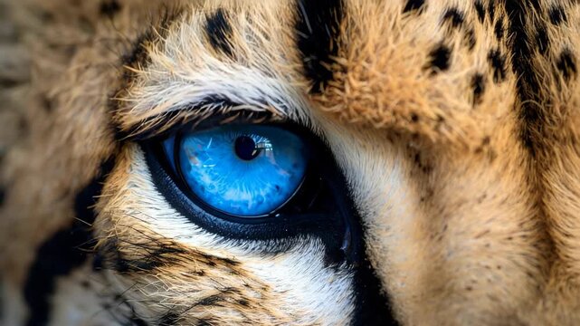 Close-up of a leopard's face, focusing on its striking blue eye and distinctive fur pattern with black spots.
