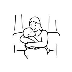 Black and White Vector Illustration of a Beautiful Mother Caring for Child in Minimalist Line Art Style