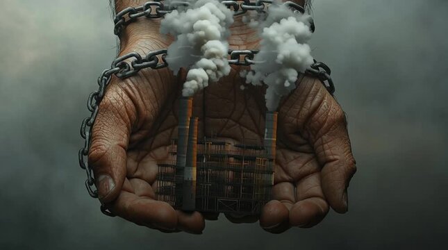 Hands chained with metal chain holding industrial factory smoke stacks emitting dark smoke symbolizing pollution environmental