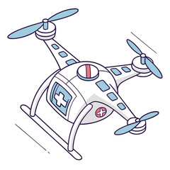A cartoon medical drone with a white body and blue propellers featuring a red and white cross symbol indicating its healthcare purpose ready for delivery or emergency response