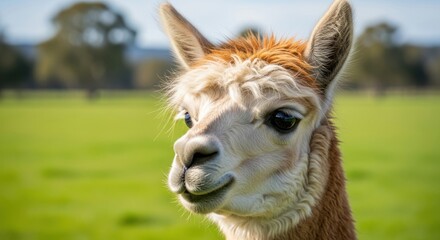 Obraz premium Adorable Curious Alpaca Headshot in Bright Green Meadow with Soft Focus Background