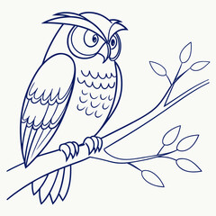 A stylized cartoon outline drawing of a wise owl perched on a tree branch with leaves against a white background